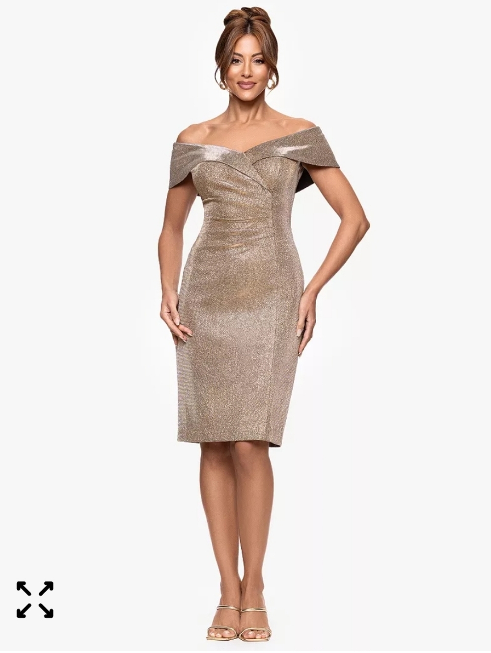Xscape Metallic Taupe Off-Shoulder Sheath Dress